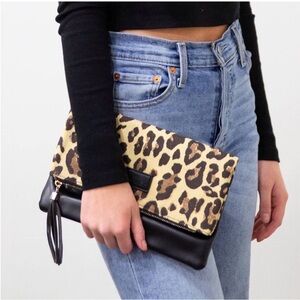 Leopard Print Canvas Foldover Clutch with Black Faux Leather - NIP